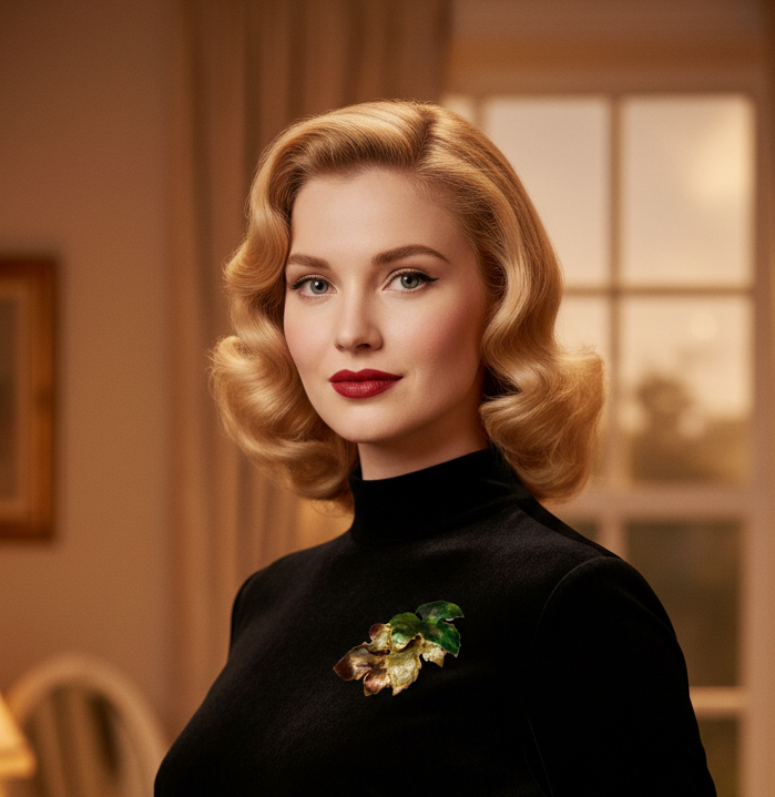 Vintage brooch on 1950s model - correct size