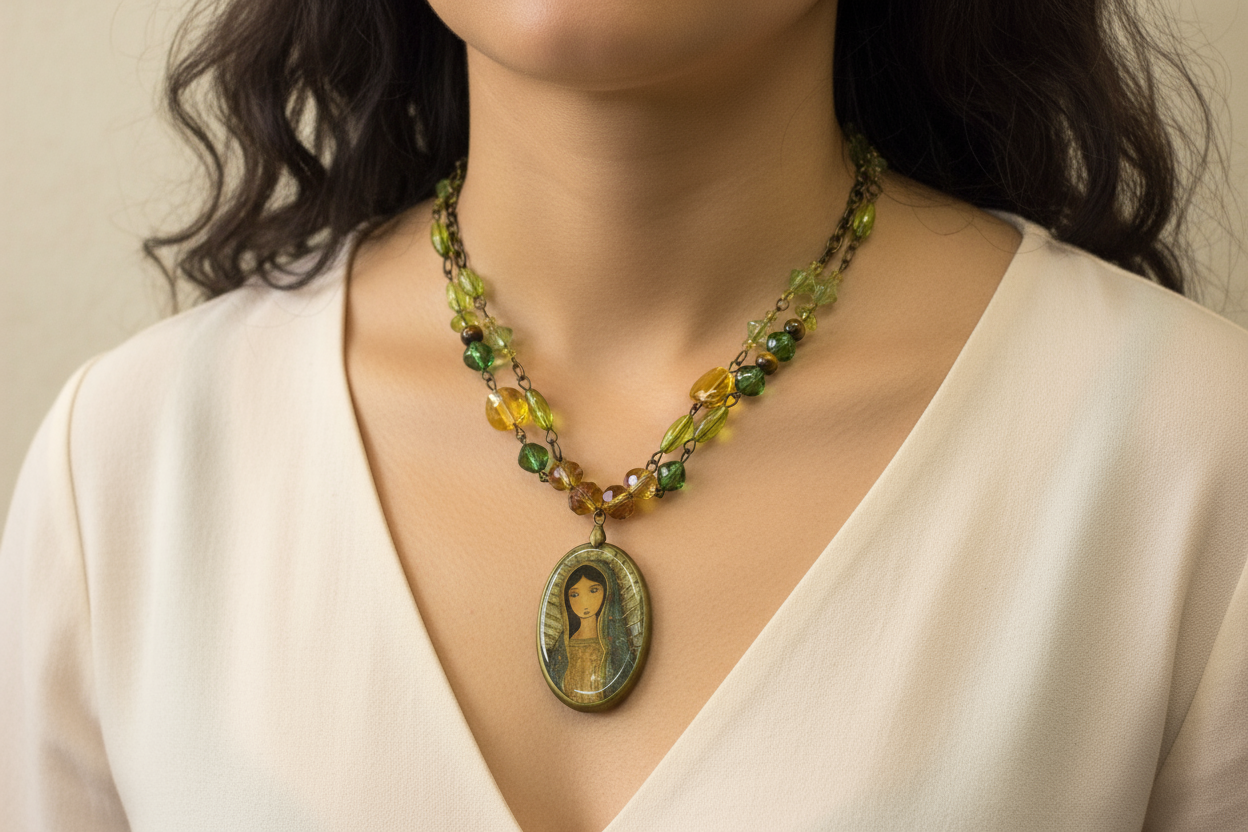 Vintage Green Beaded Mary Necklace Modeled