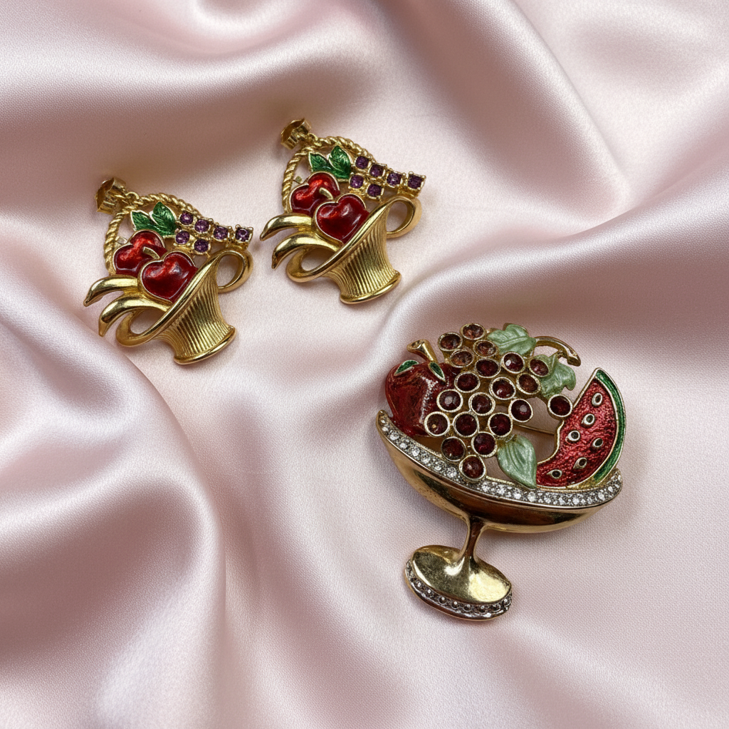 Vintage jewelry on light pink silk