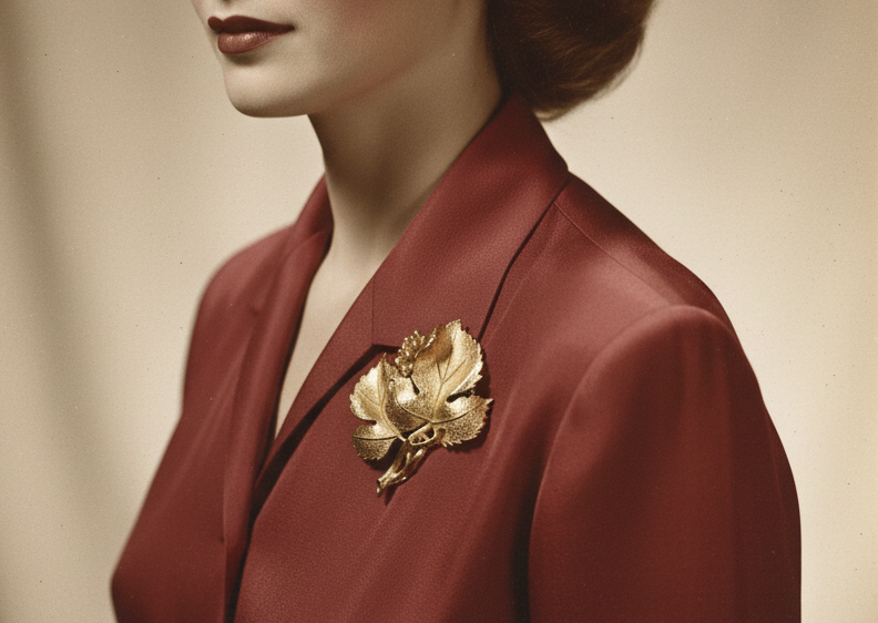 Vintage lady wearing red blouse with Lisner leaf brooch