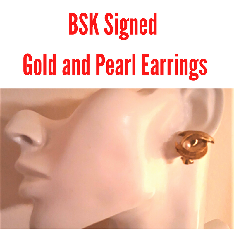 BSK Signed Gold Tone with Pearl, 1960s Clip-on Earrings