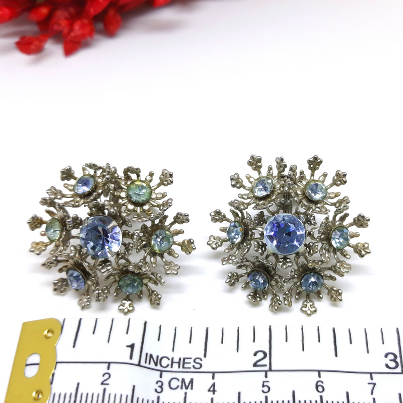 Blue Rhinestone and Silver Clip-on Earrings - Snowflake/Starburst