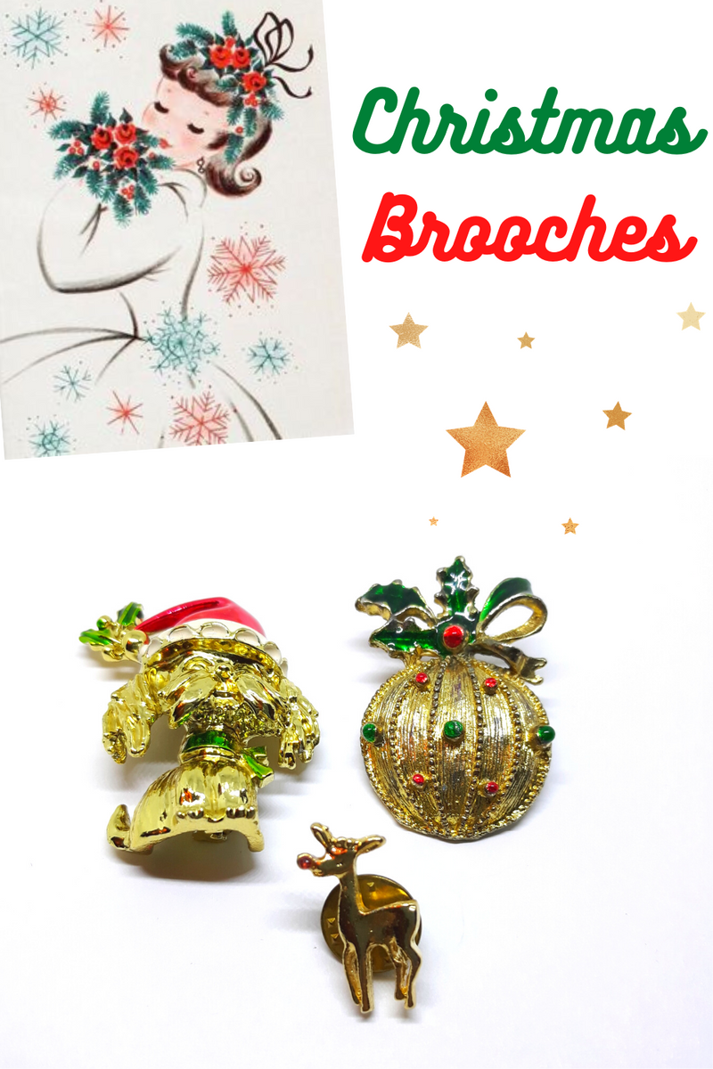 Christmas Brooch Lot - Dog, Rudolph Pin and Ornament Brooch