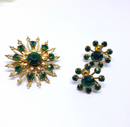 Vintage Signed CORO, 60s EMERALD brooch and screw-back Earrings, Starburst, Green