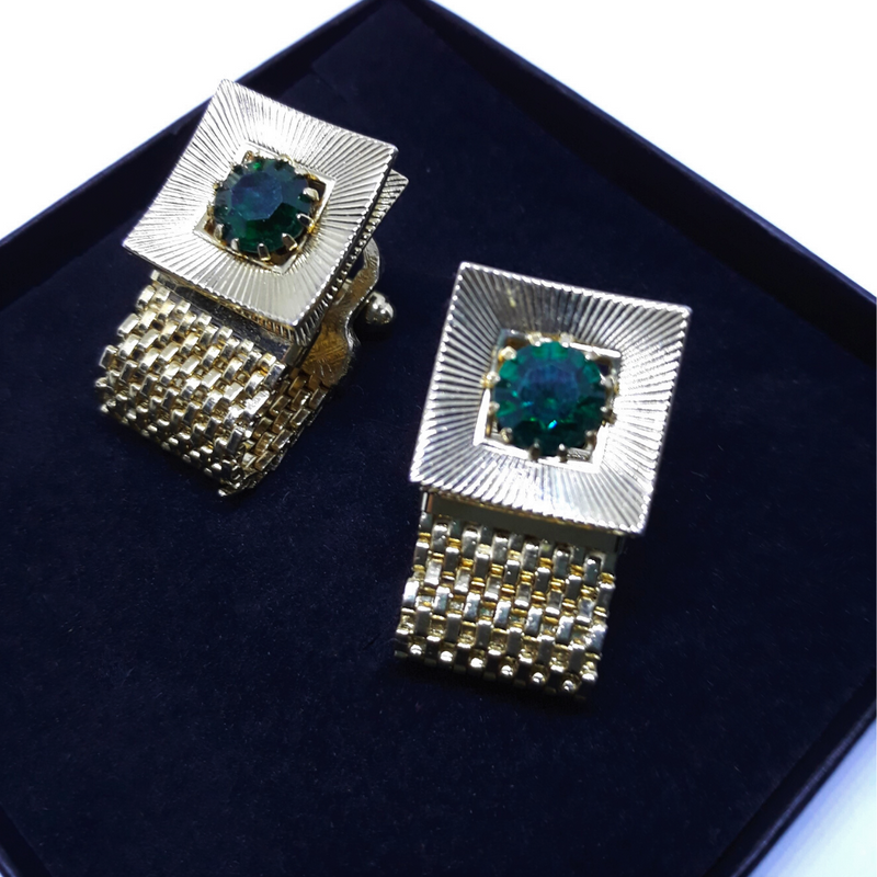 Gorgeous, Gold Tone Buckle Cuff Links with Emerald Stone