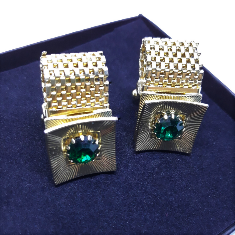 Gorgeous, Gold Tone Buckle Cuff Links with Emerald Stone