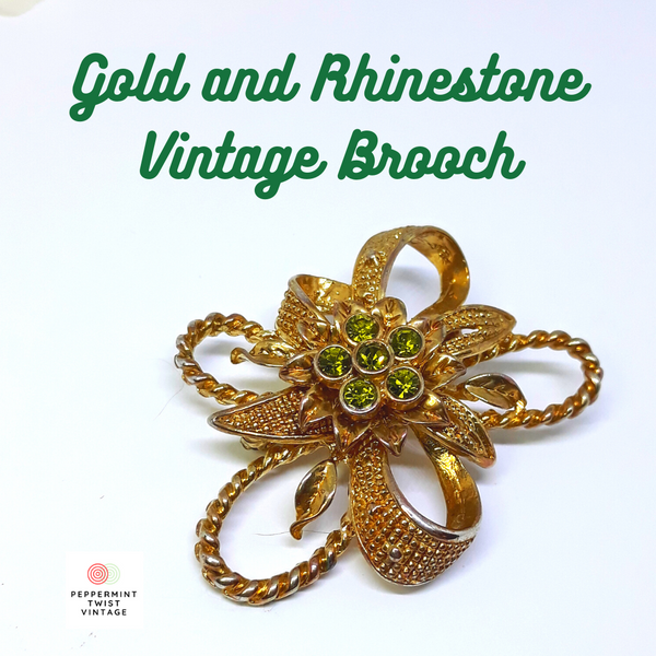 Vintage Gold Tone Brooch with Silver and Green Rhinestone
