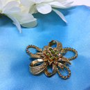 Vintage Gold Tone Brooch with Silver and Green Rhinestone