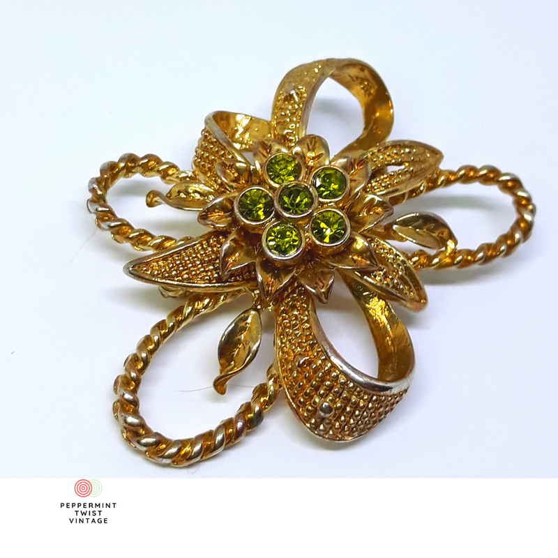 Vintage Gold Tone Brooch with Silver and Green Rhinestone