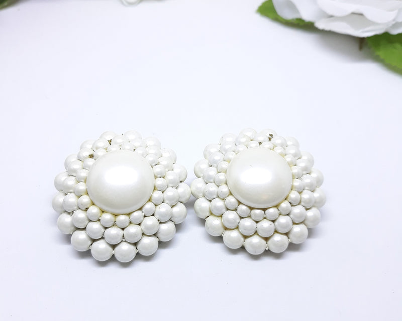 Large 1960s White Pearl and Lucite Clip-on Earrings - Ideal for a Vintage Themed Wedding