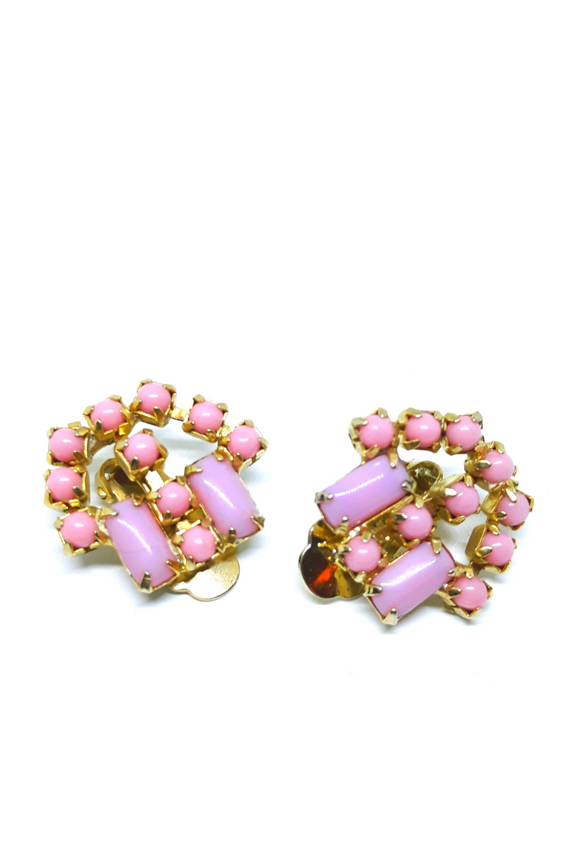 Gorgeous 1960s Statement Earrings - Pink Thermoset or Lucite Cabachon Clip-on Earrings