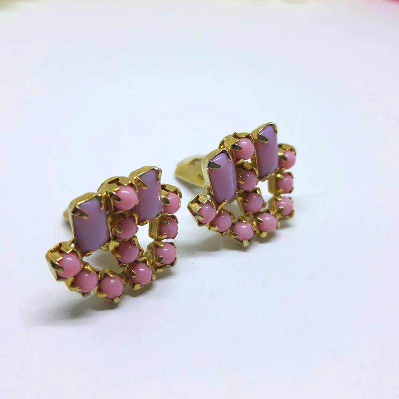 Gorgeous 1960s Statement Earrings - Pink Thermoset or Lucite Cabachon Clip-on Earrings