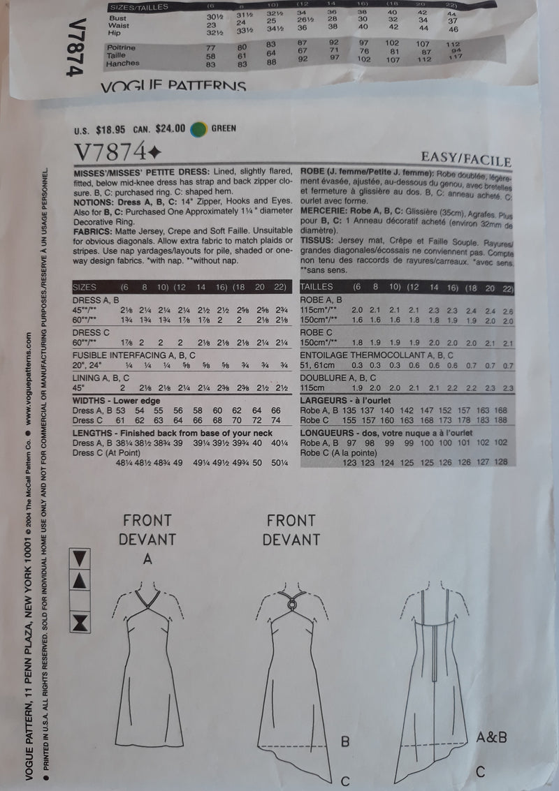 Vogue 7874 Woman's Dress Sewing Pattern, Size 6, 8, 10 - Uncut, Timeless Dress Pattern