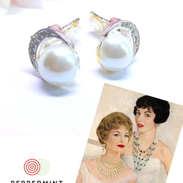1950's Vendome Vintage Clip On Earrings with Faux Pearl and