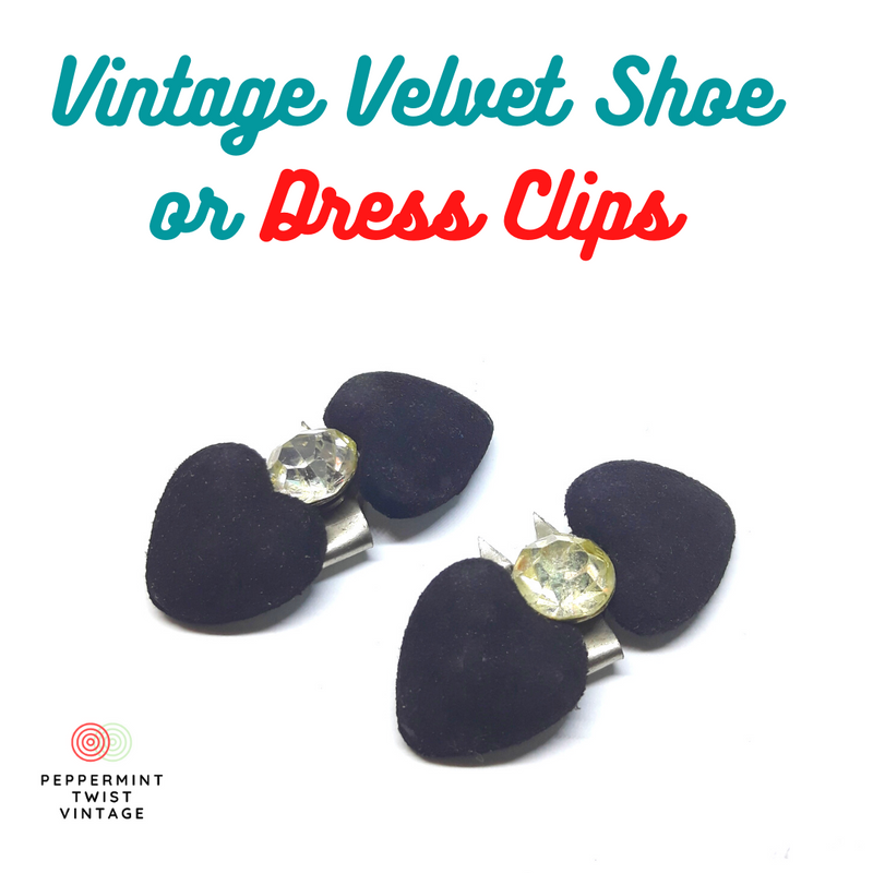 Gorgeous 1950/60s Vintage Dress or Shoe Clips- Velvet with Rhinestone Center