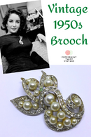 1950s Rhinestone, Pearl and Silver Statement Brooch - Gorgeous Leaf, Swirl Pattern